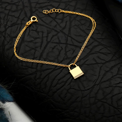 Gold Padlock Bracelet, CZ Pave Lock, Sterling Silver