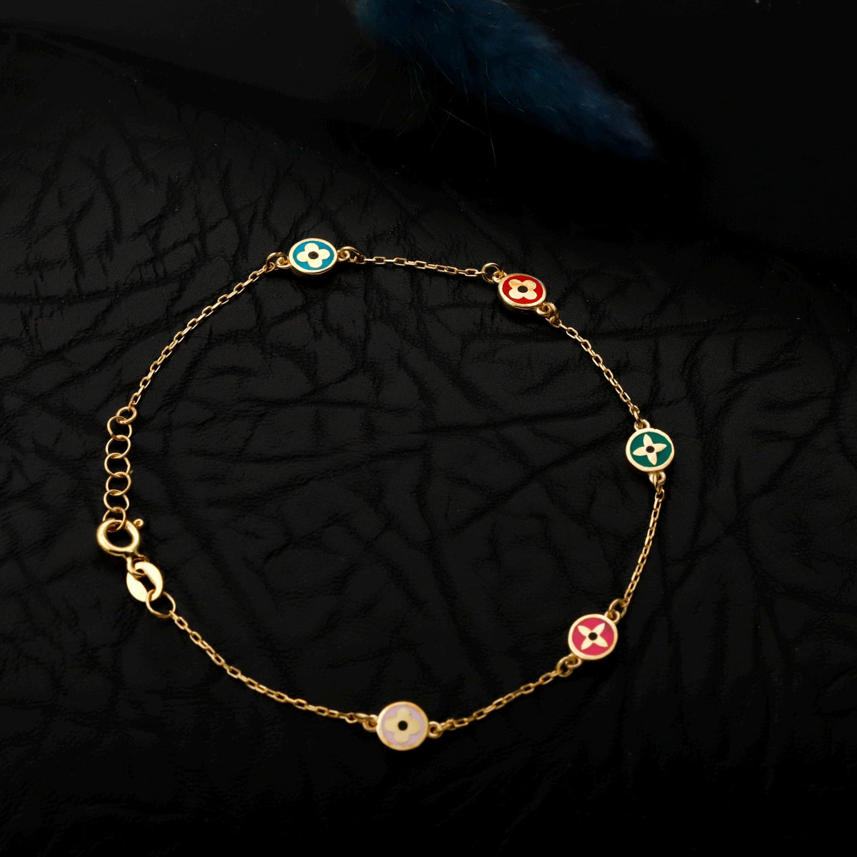 Colorful Enamel Flower Charm Bracelet, Gold Filled Dainty Layering Gift for Her