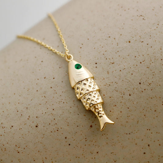 Sterling Silver Gold Fish Necklace, Articulated Pave Charm