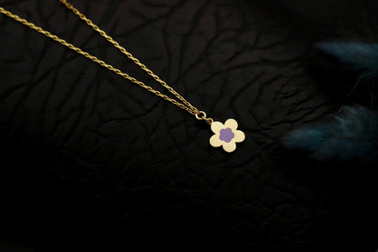 Gold Enamel Flower Necklace, Pastel Pendant, Sterling Silver Base