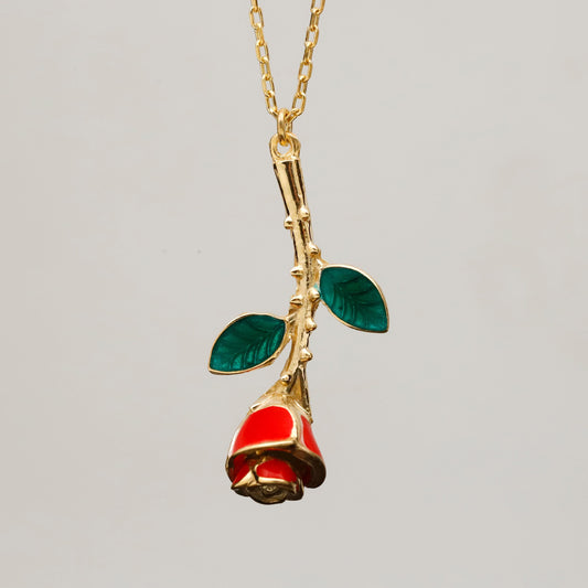 Red Enamel Rose Pendant Necklace, Gold CZ Floral Jewelry