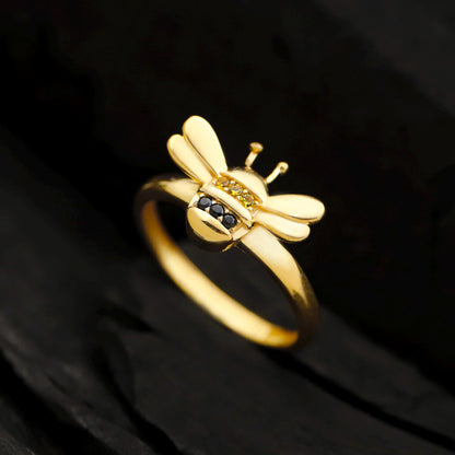Dainty Gold Honey Bee Ring | Bumblebee Jewelry with Pave Accents