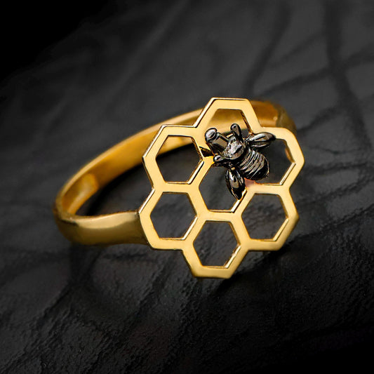 Golden Honeycomb Ring with Black Bee | Geometric & Symbolic Statement Ring