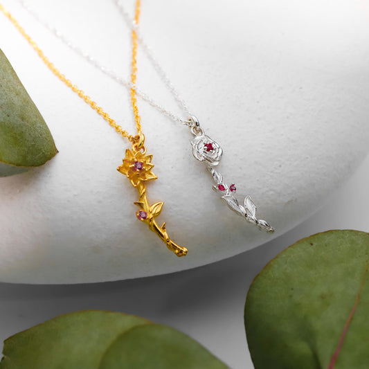 Birth Flower Necklace: Sterling Silver Dangle Pendant