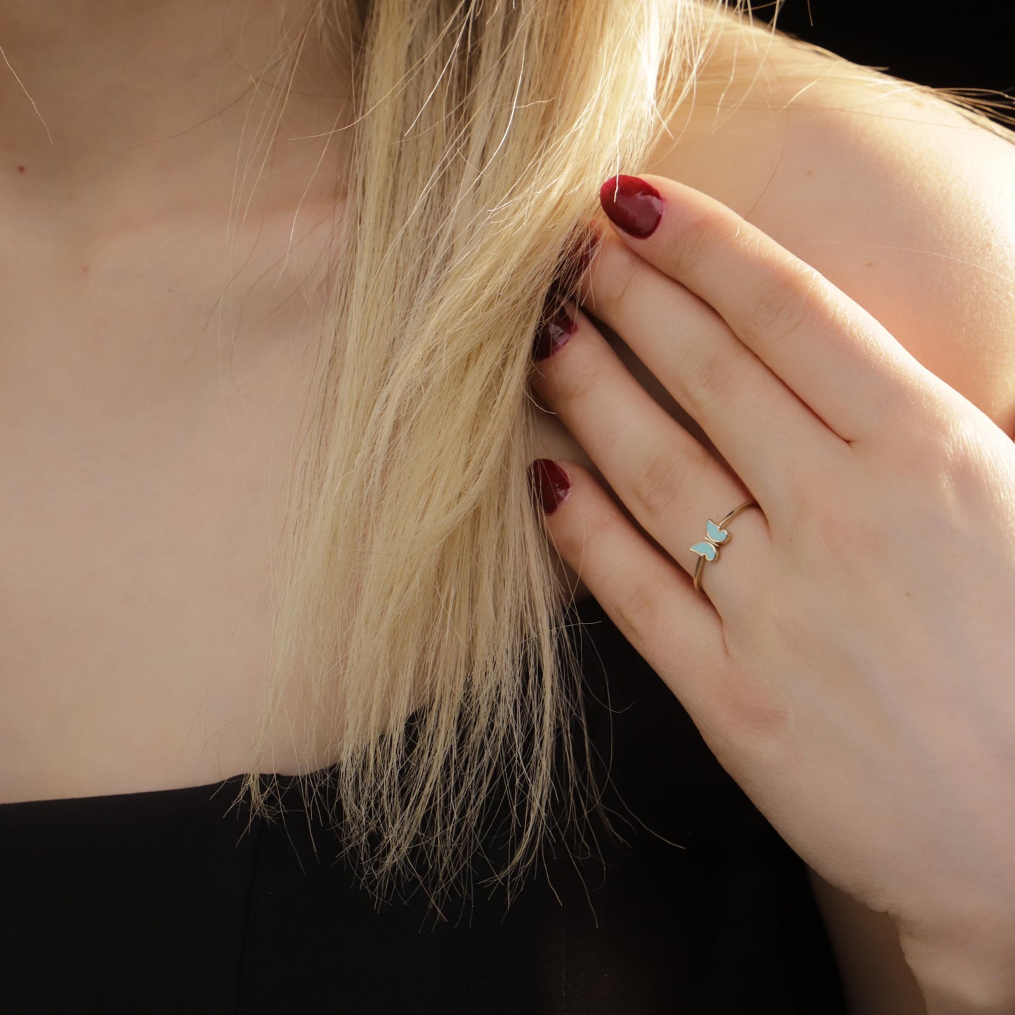 Dainty Turquoise Butterfly Gold Stacking Ring | Minimalist Enamel Statement Jewelry