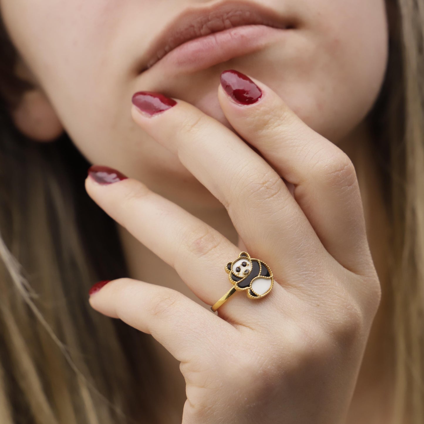 Charming Panda Bear Enamel Ring | Dainty Gold Animal Jewelry | Unique Minimalist Stacking Ring