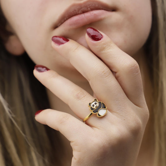 Charming Panda Bear Enamel Ring | Dainty Gold Animal Jewelry | Unique Minimalist Stacking Ring