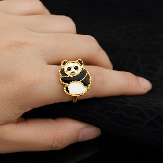 Charming Panda Bear Enamel Ring | Dainty Gold Animal Jewelry | Unique Minimalist Stacking Ring