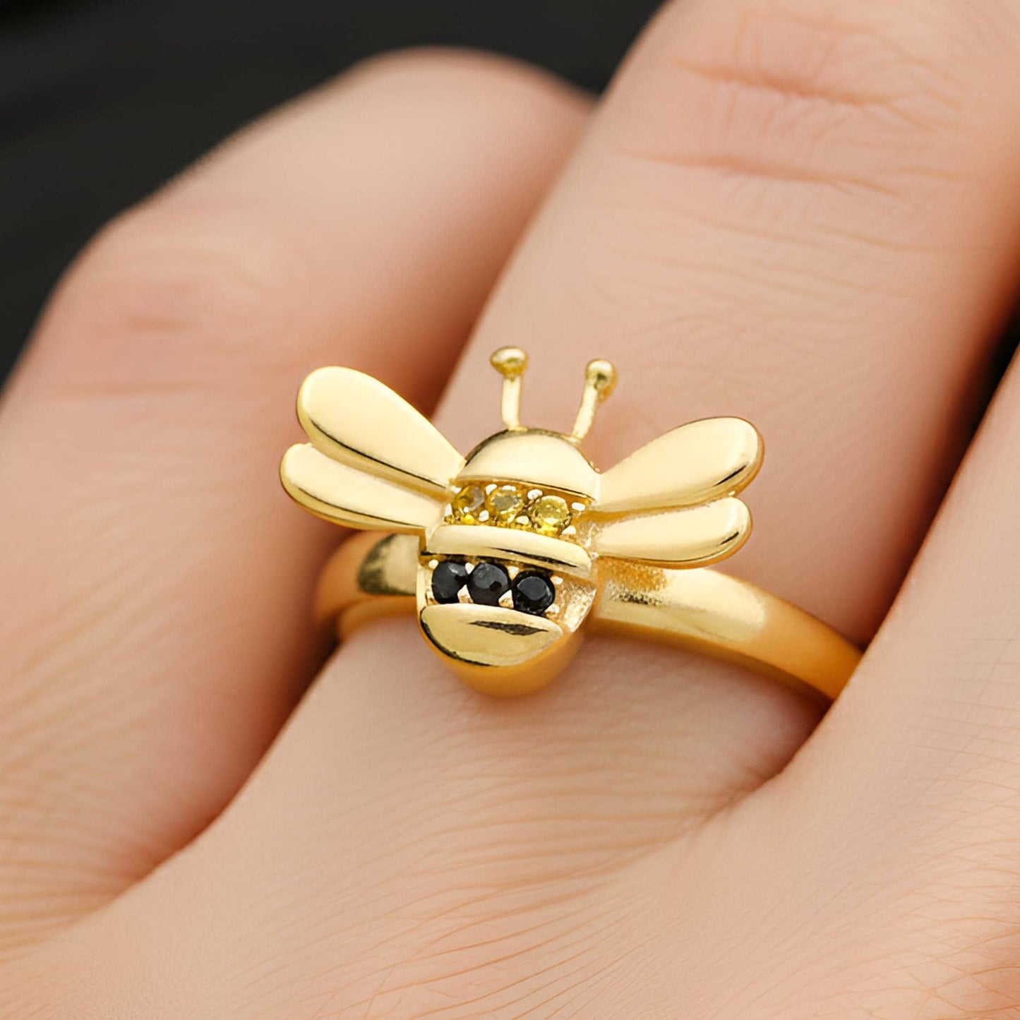 Dainty Gold Honey Bee Ring | Bumblebee Jewelry with Pave Accents