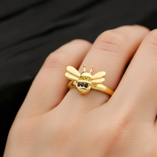 Dainty Gold Honey Bee Ring | Bumblebee Jewelry with Pave Accents