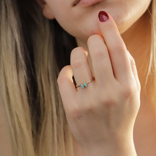 Dainty Turquoise Butterfly Gold Stacking Ring | Minimalist Enamel Statement Jewelry