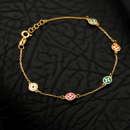 Colorful Enamel Flower Charm Bracelet, Gold Filled Dainty Layering Gift for Her