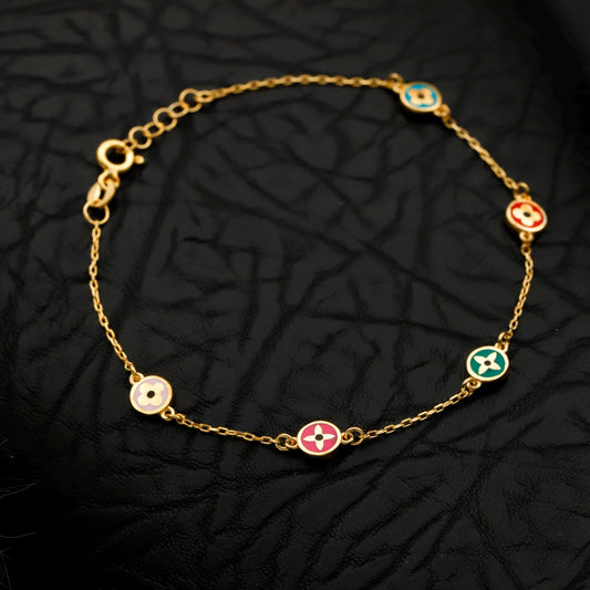 Colorful Enamel Flower Charm Bracelet, Gold Filled Dainty Layering Gift for Her