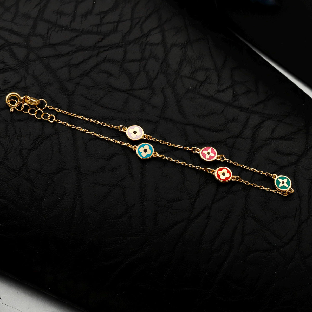 Colorful Enamel Flower Charm Bracelet, Gold Filled Dainty Layering Gift for Her