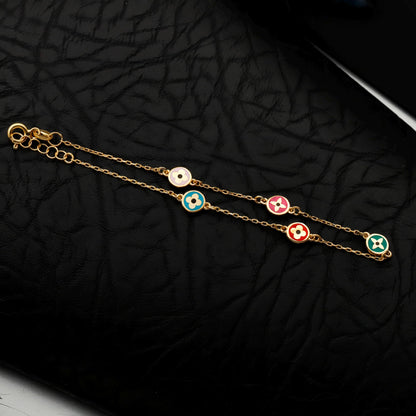 Colorful Enamel Flower Charm Bracelet, Gold Filled Dainty Layering Gift for Her