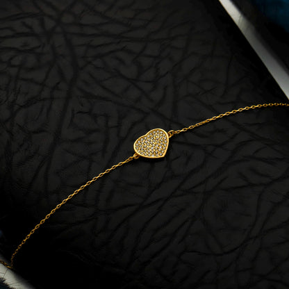 14K Gold Filled CZ Pave Heart Bracelet, Sterling Silver Base