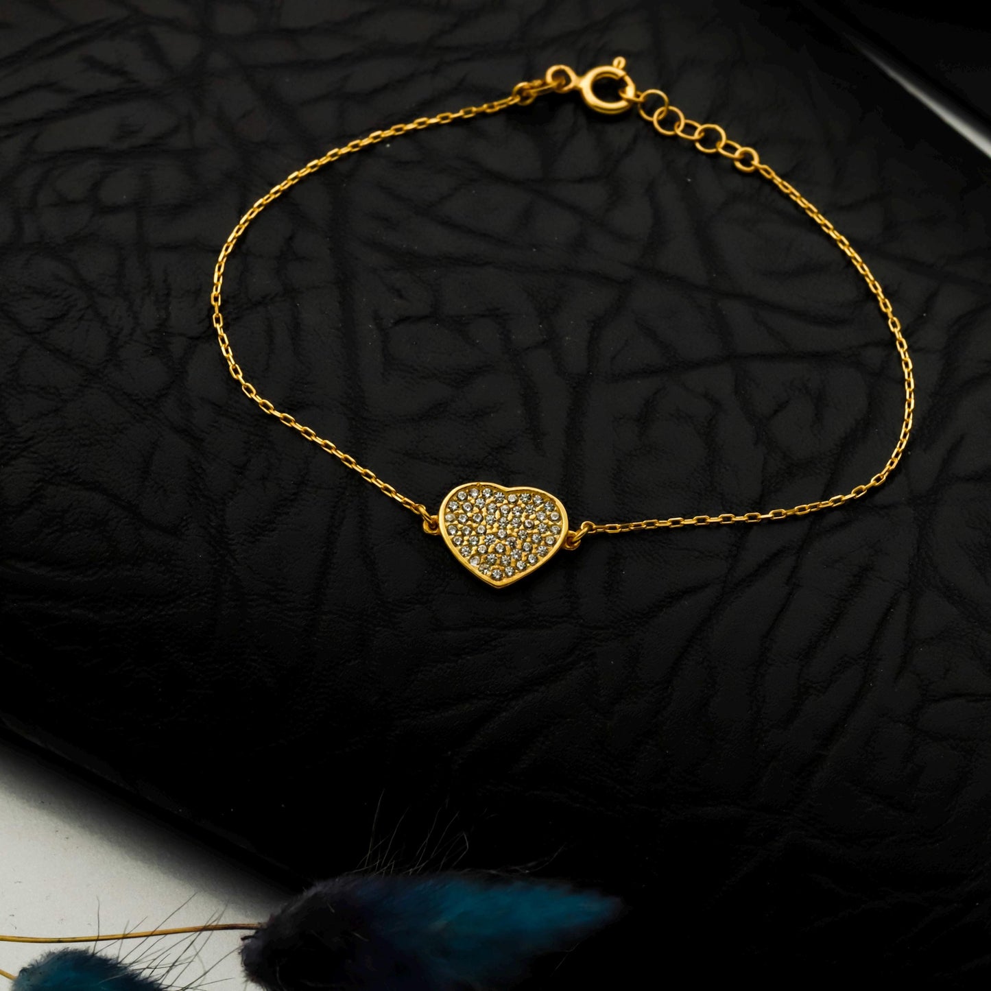 14K Gold Filled CZ Pave Heart Bracelet, Sterling Silver Base