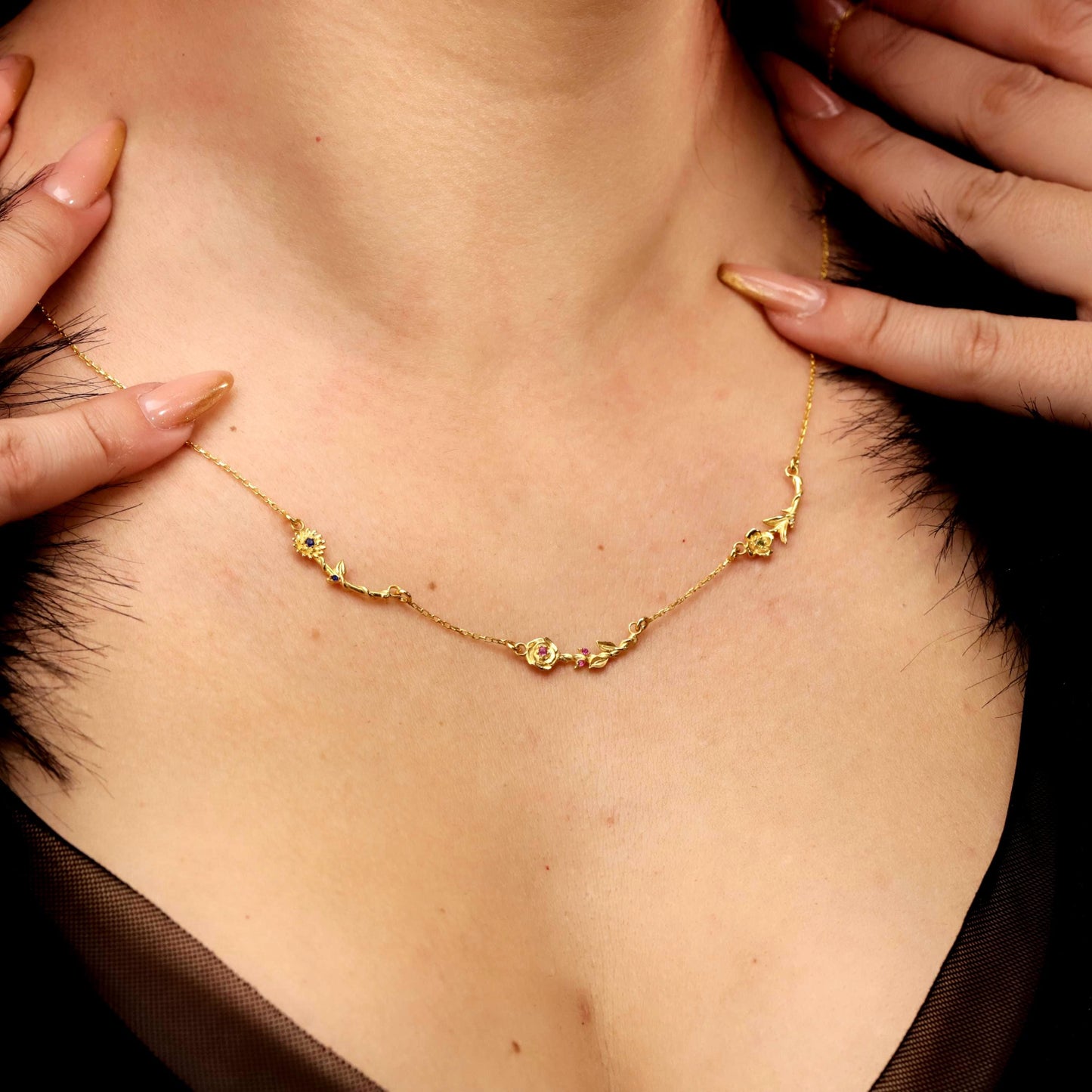 Sideways Birth Flower Necklace: Spaced Floral Design