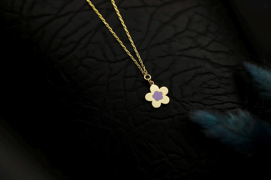 Gold Enamel Flower Necklace, Pastel Pendant, Sterling Silver Base