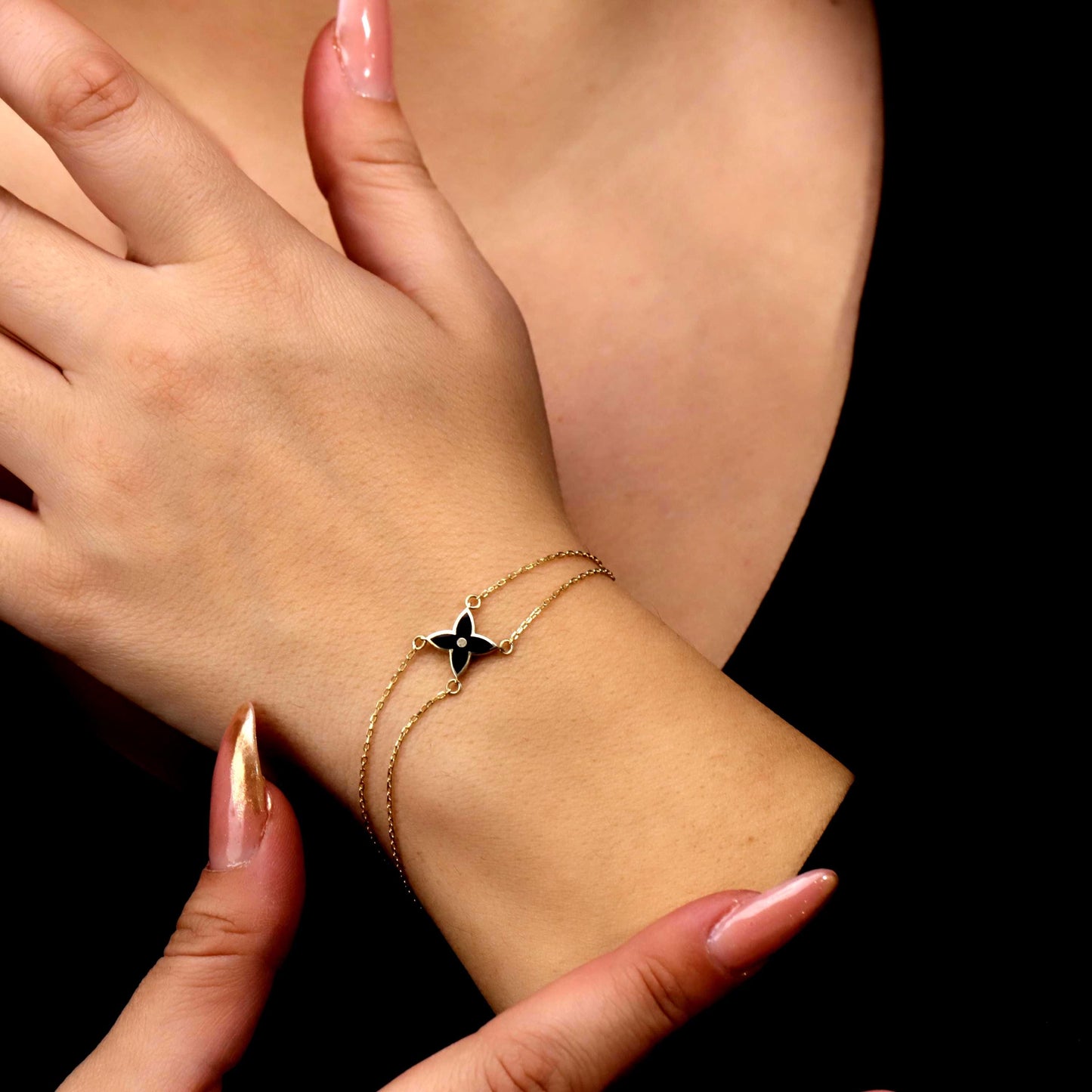 Dainty Quatrefoil Flower Bracelet, Double Chain 14K Gold Filled Gift