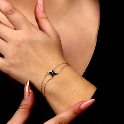 Dainty Quatrefoil Flower Bracelet, Double Chain 14K Gold Filled Gift