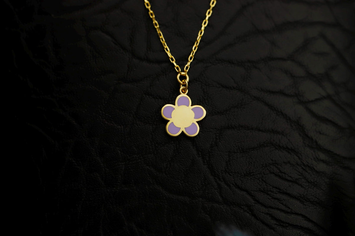 925 Sterling Silver and Gold Enamel Flower Necklace, Purple Daisy Charm Pendant for Her