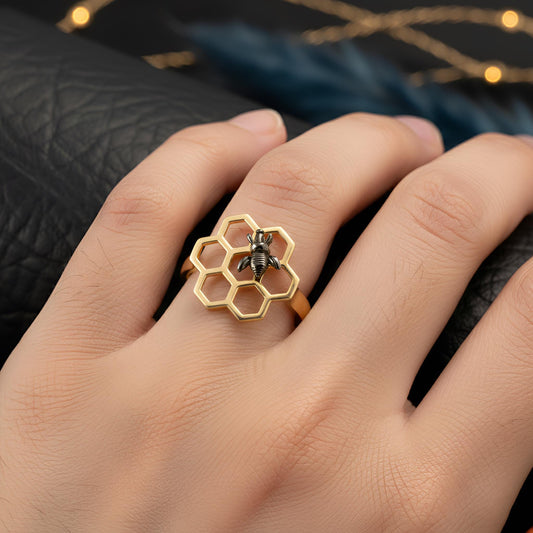 Golden Honeycomb Ring with Black Bee | Geometric & Symbolic Statement Ring