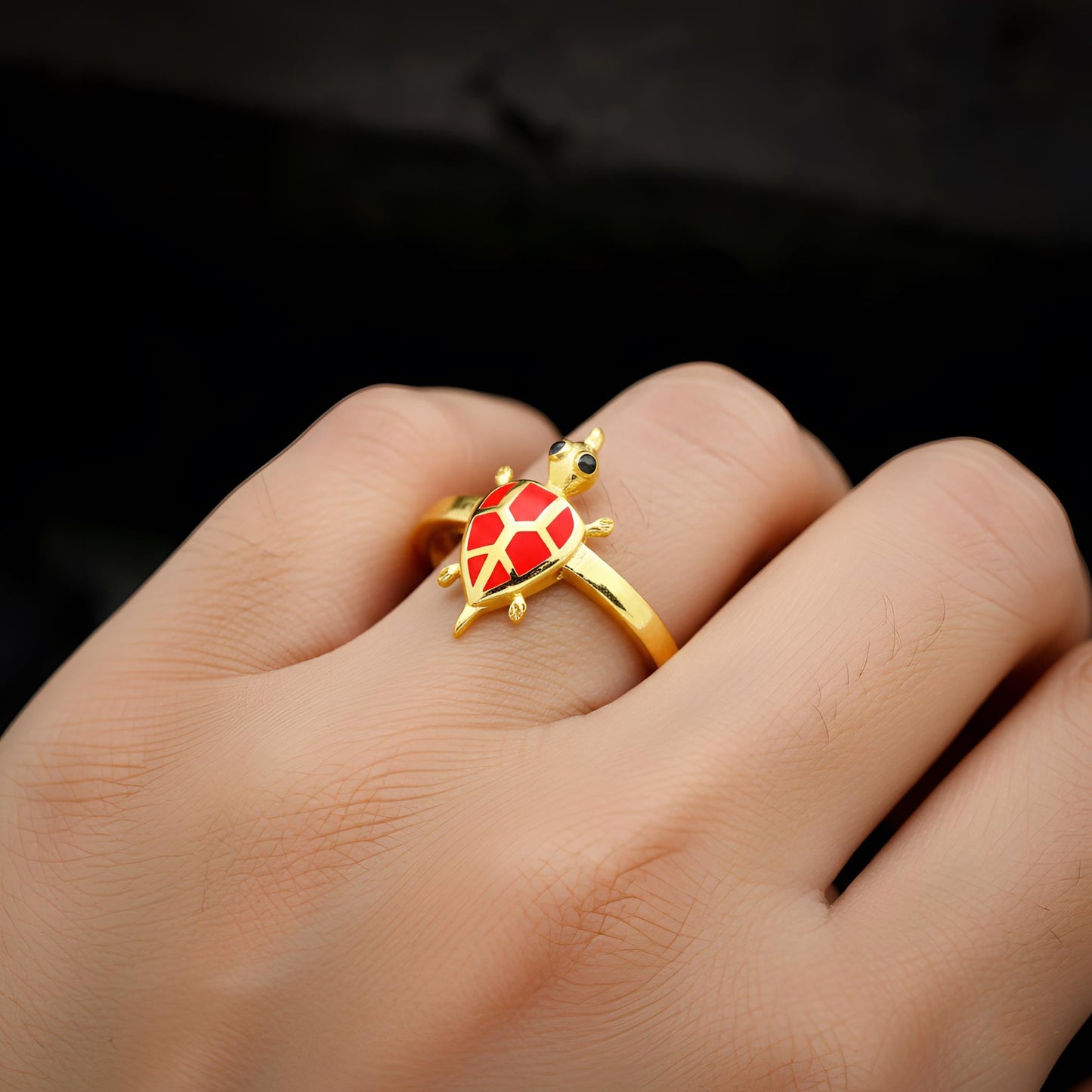 Golden Turtle Ring with Vibrant Red Enamel | Good Luck & Protection Talisman