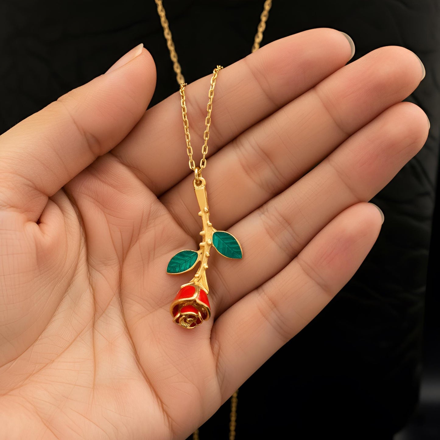 Red Enamel Rose Pendant Necklace, Gold CZ Floral Jewelry