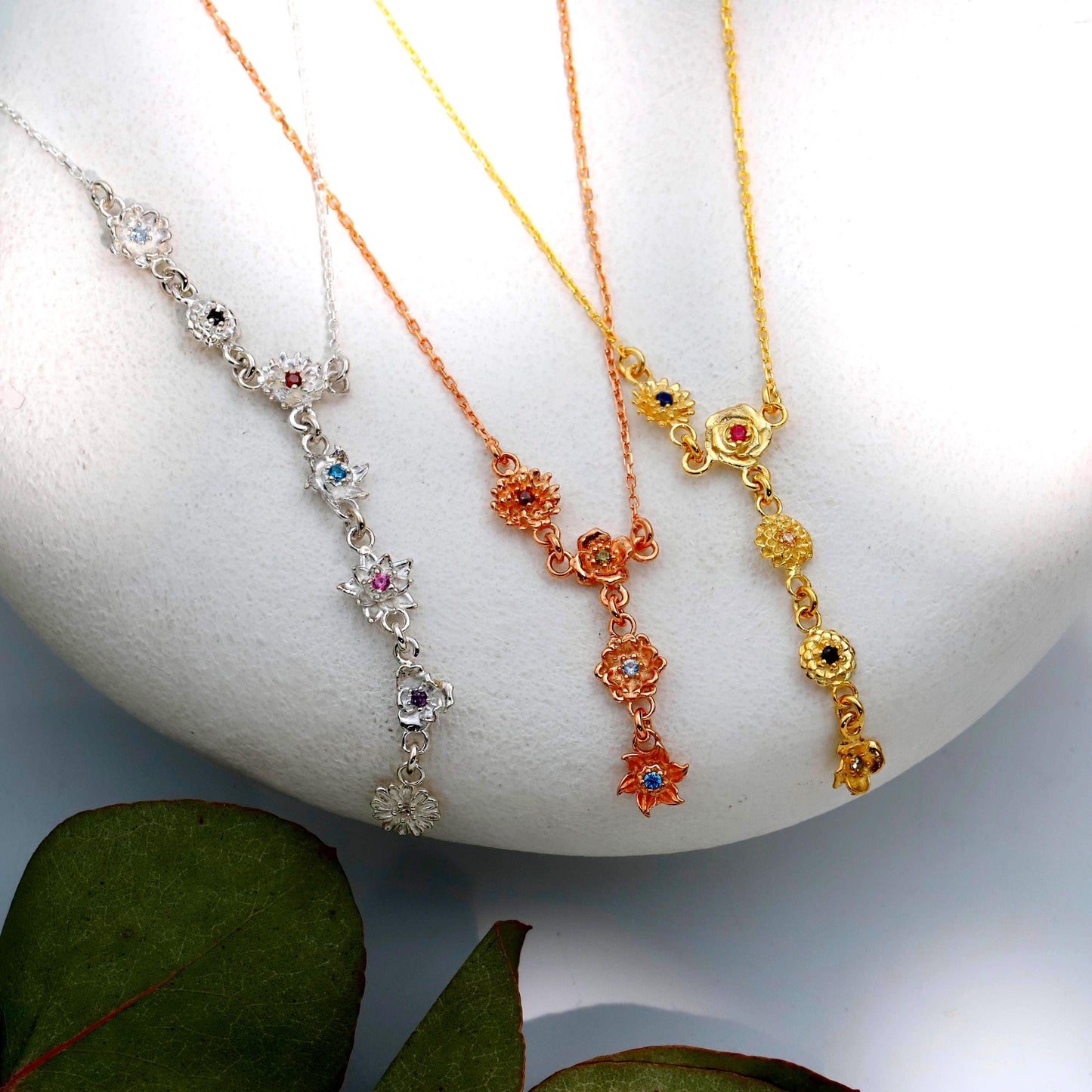 Lariat Birth Flower Necklace: Custom Drop Floral Design in 925 Sterling Silver