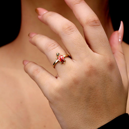 Golden Turtle Ring with Vibrant Red Enamel | Good Luck & Protection Talisman