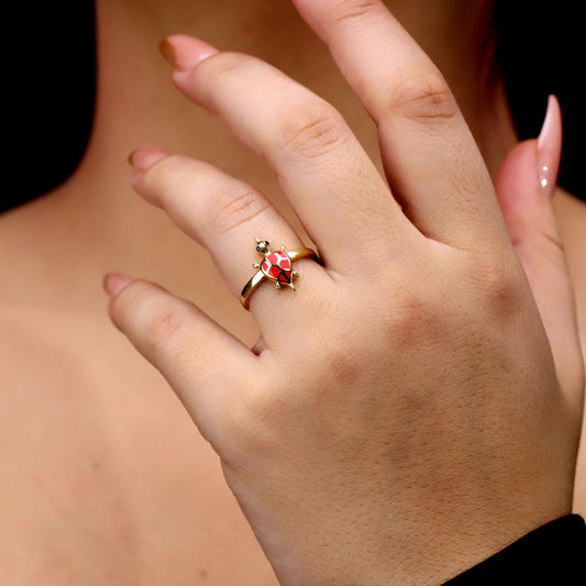 Golden Turtle Ring with Vibrant Red Enamel | Good Luck & Protection Talisman