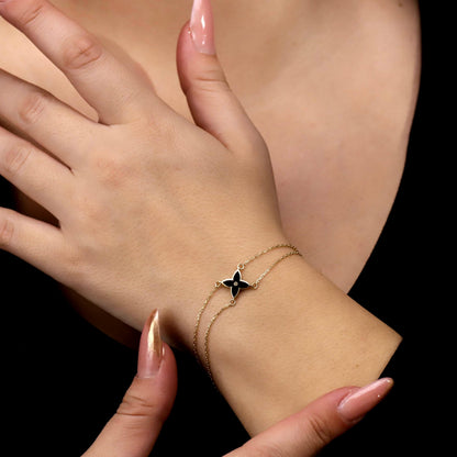 Dainty Quatrefoil Flower Bracelet, Double Chain 14K Gold Filled Gift