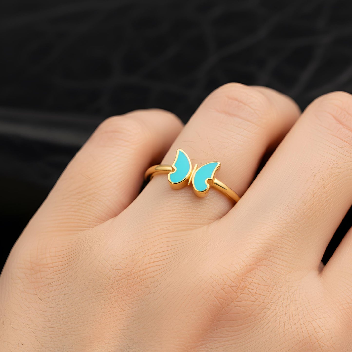 Dainty Turquoise Butterfly Gold Stacking Ring | Minimalist Enamel Statement Jewelry