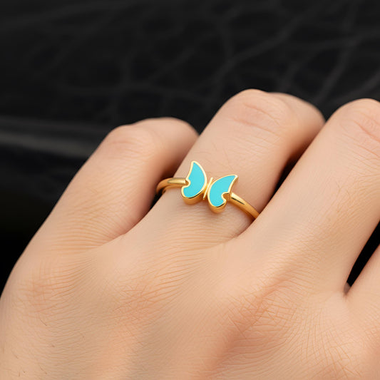 Dainty Turquoise Butterfly Gold Stacking Ring | Minimalist Enamel Statement Jewelry