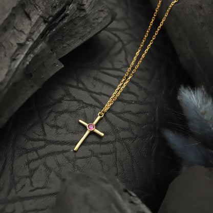 Minimalist Cross Necklace: Personalized Birthstone Cross Jewelry in 925 Sterling Silver