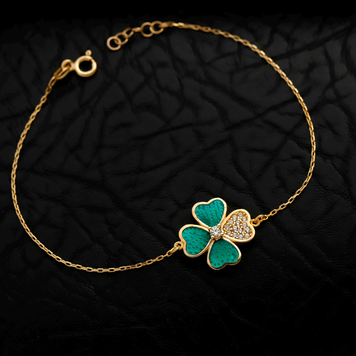 Green Enamel Four-Leaf Clover Bracelet, Sterling Silver, CZ Stones, Lucky Charm Jewelry