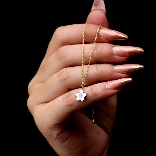 Gold Enamel Flower Necklace, Pastel Pendant, Sterling Silver Base