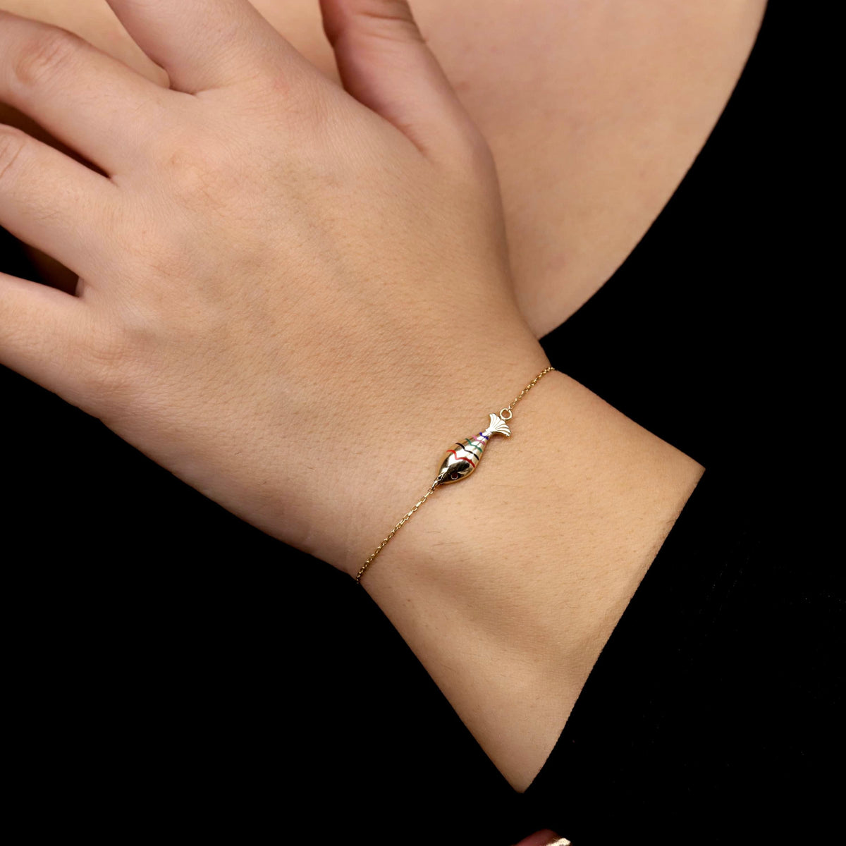 Colorful Enamel Fish Bracelet, 14K Gold Filled Sterling Silver, Minimalist Charm Jewelry