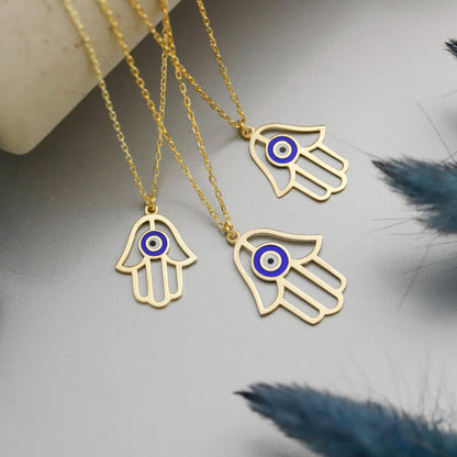Enamel Hamsa Hand Necklace, Evil Eye Charm, 925 Sterling Silver, Dainty Daily Jewelry