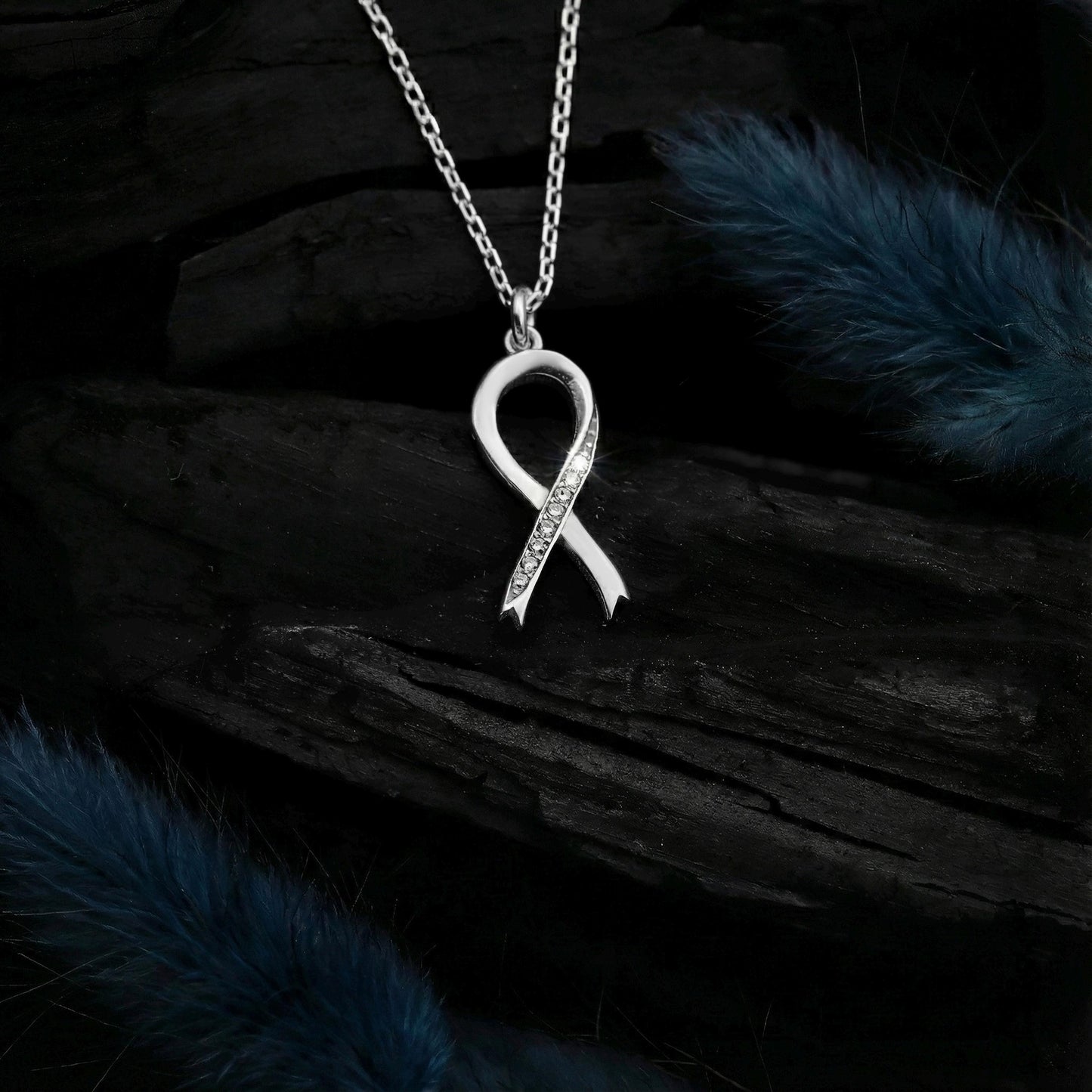 Sterling Silver CZ Ribbon Necklace, Breast Cancer Awareness Pendant