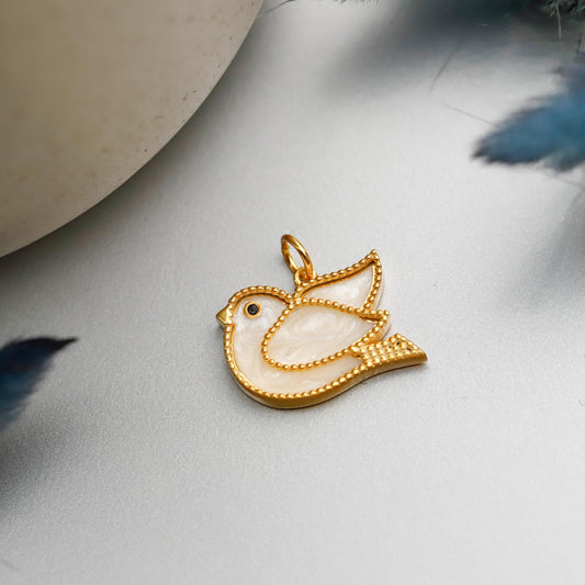 Enamel Gold Bird Pendant Necklace, 925 Sterling Silver, Pearlescent Charm
