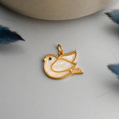 Enamel Gold Bird Pendant Necklace, 925 Sterling Silver, Pearlescent Charm
