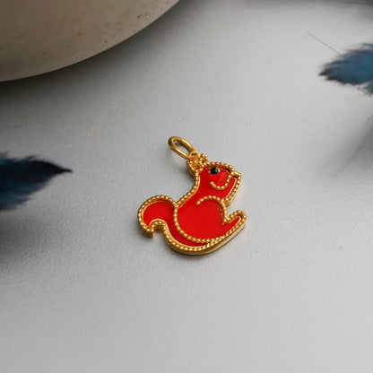 Gold Enamel Squirrel Necklace, Sterling Silver, Animal Charm Pendant, Stone Details