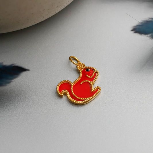 Gold Enamel Squirrel Necklace, Sterling Silver, Animal Charm Pendant, Stone Details