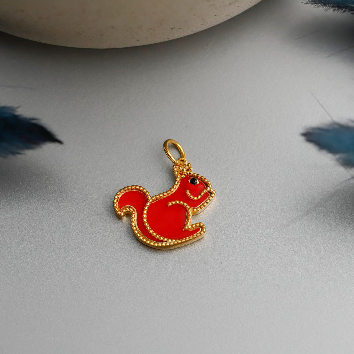 Gold Enamel Squirrel Necklace, Sterling Silver, Animal Charm Pendant, Stone Details