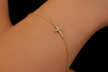 Dainty Diamond Cross Bracelet: 925 Sterling Silver