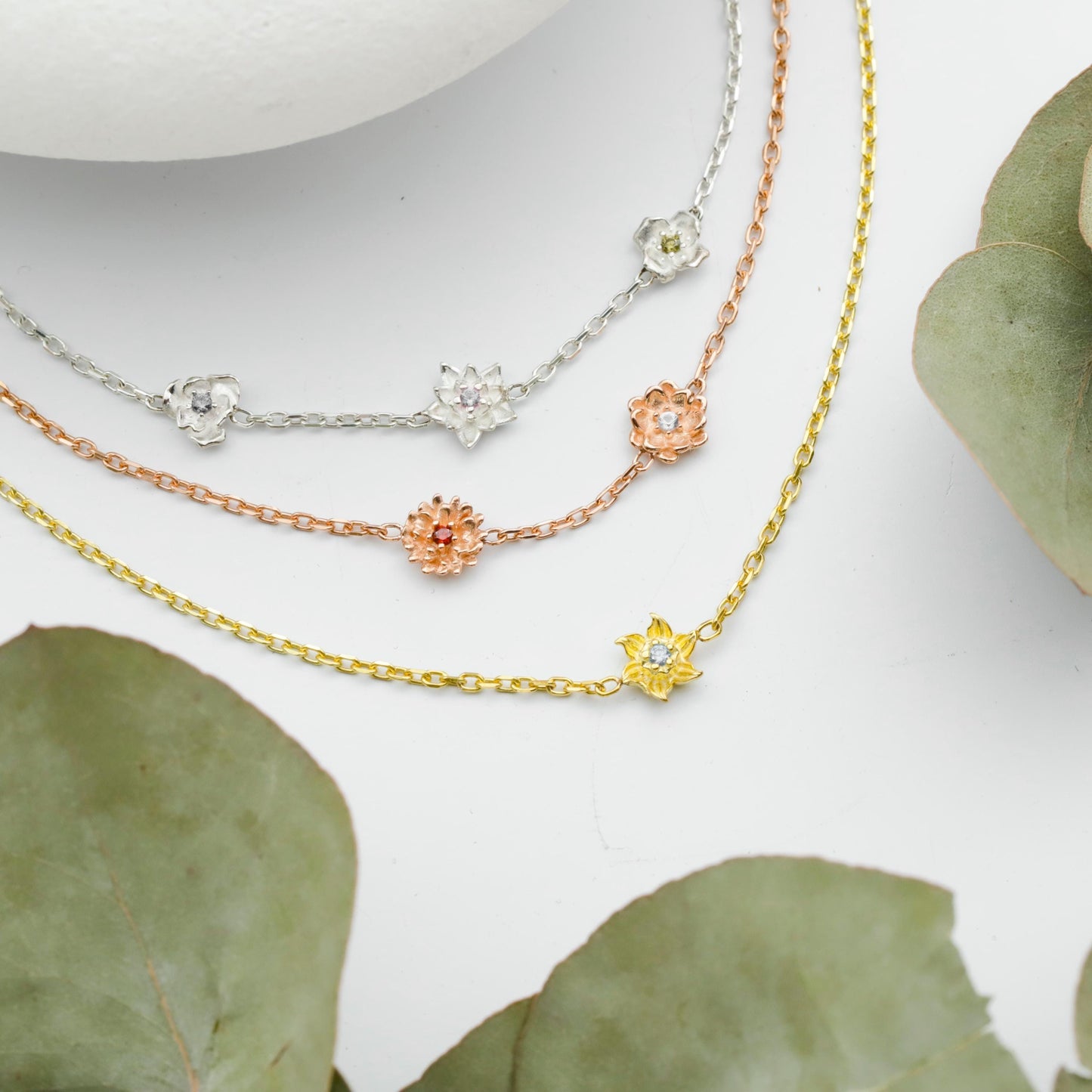 925 Sterling Silver Birth Flower Bracelet: Birthstone Floral Dainty Jewelry