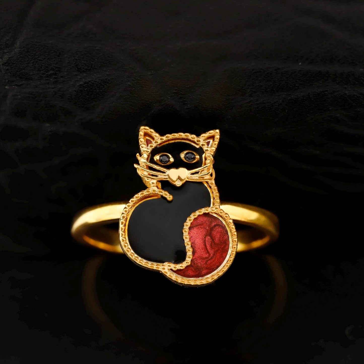 Embroidered Enamel Cat Ring, Sterling Silver, Black Red Accents, Animal Jewelry