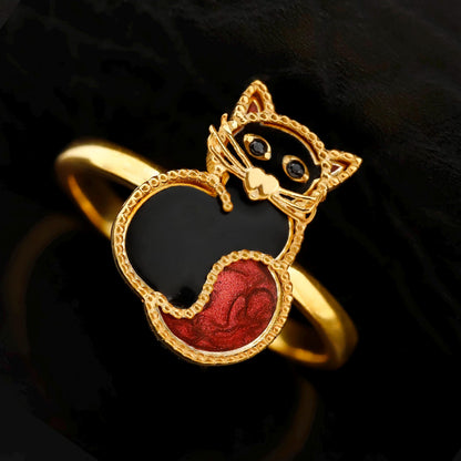 Embroidered Enamel Cat Ring, Sterling Silver, Black Red Accents, Animal Jewelry